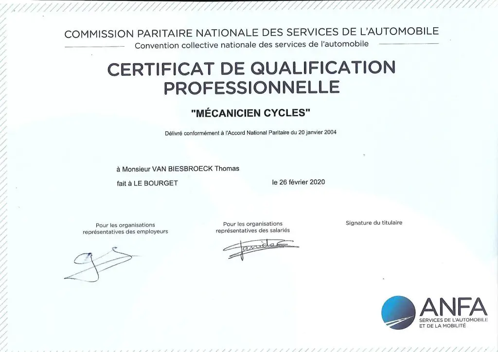Certificat de qualification professionnelle de mécanicien cycles